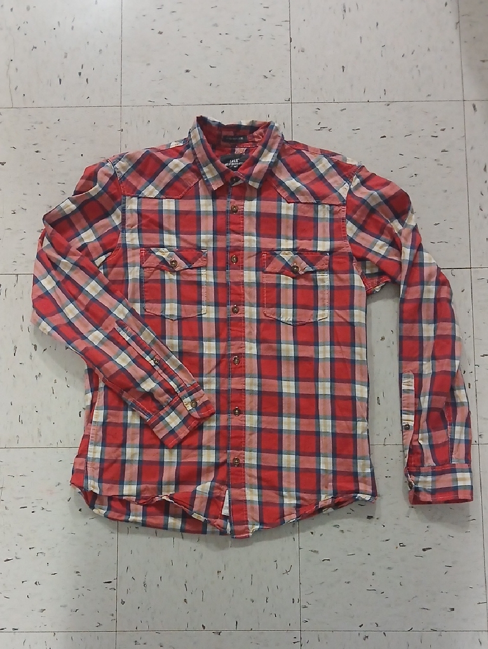 L.O.G.G by H&M Red Yellow Gray Plaid Shirt Double Breast Pocket
